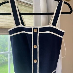 Navy Blue Sleeveless Top with White Trim